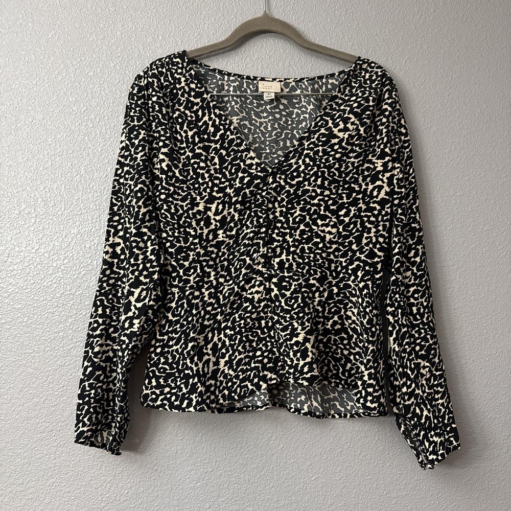 A New Day Leopard Print Women's Long Sleeve Button-Front Blouse
